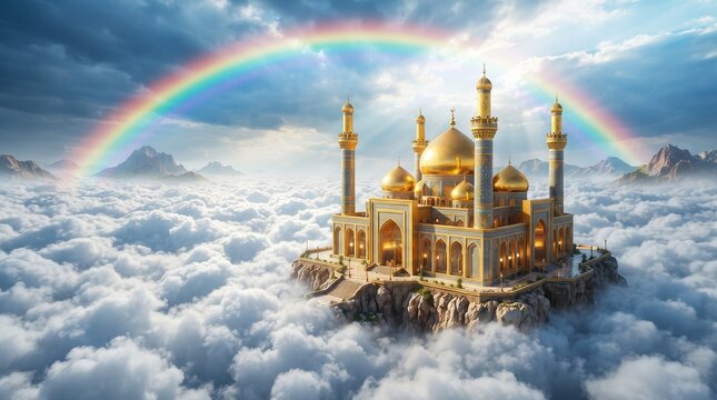 Golden mosque floating on clouds with rainbow
