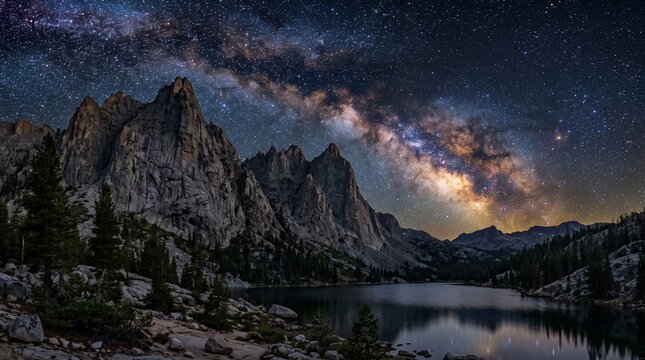 Milky Way galaxy over mountain lake at night