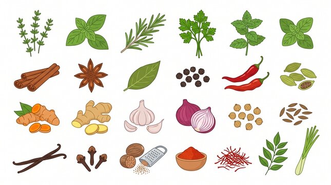 collection of fresh herbs and spices icons