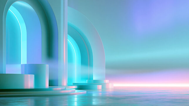 Abstract 3d render featuring glowing blue arches and smooth cylindrical platforms on water surface