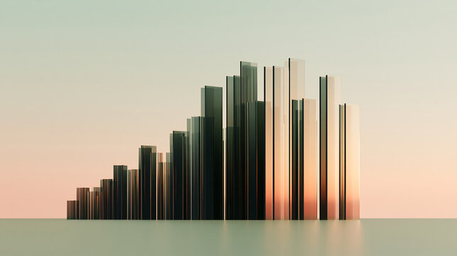 Abstract 3d render of vertical glass bars arranged in a rising growth chart pattern at sunset