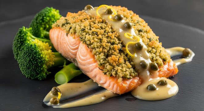 Gourmet baked salmon with herb crust, caper sauce, and broccoli florets on a dark plate.