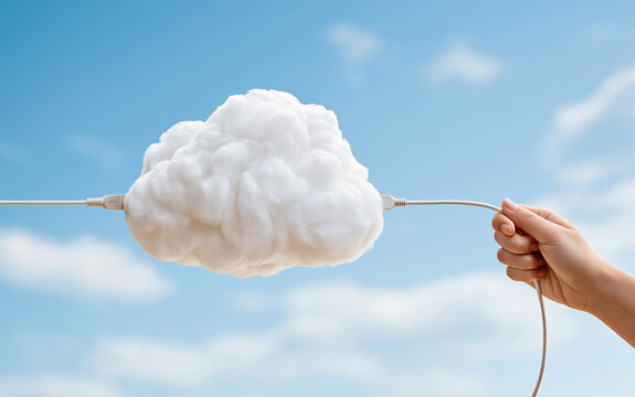 Creative concept of a cotton cloud connected by a cable, held by a hand against a blue sky