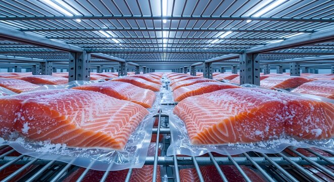Industrial facility storing packaged salmon fillets on metal racks.