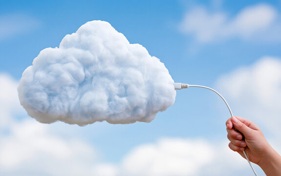 Creative concept of a cotton cloud connected by a cable, held by a hand against a blue sky