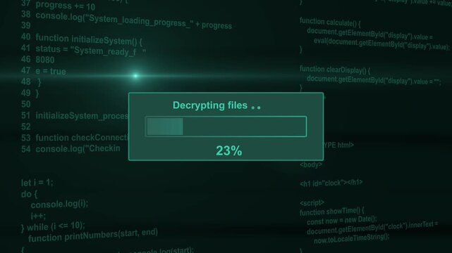 Decrypting files data security progress bar animation loop with percentage status box on dark code background visual asset