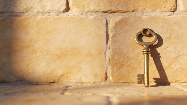 Generative AI depicts an antique brass key standing upright against a textured stone wall