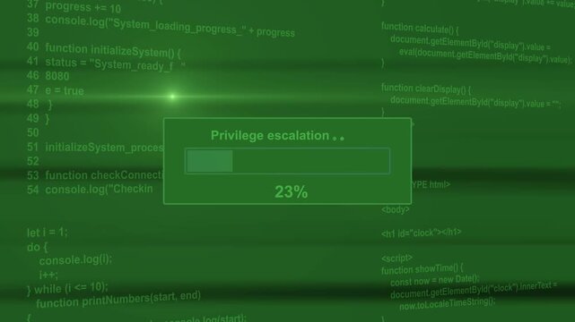 Privilege escalation cyber security exploit progress bar animation loop with percentage status box on dark code background asset