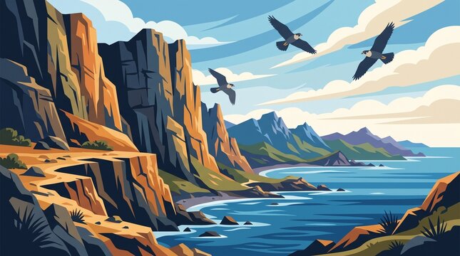 Scenic coastal cliffs with birds flying over the ocean vector
