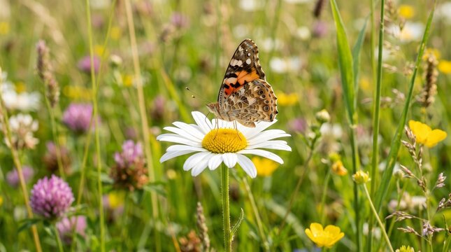 Painted lady butterfly on a daisy in a summer meadow