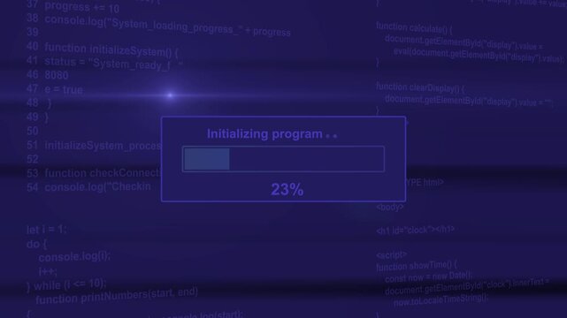 Initializing program system loading bar animation loop with percentage progress box on dark programming code background visual asset