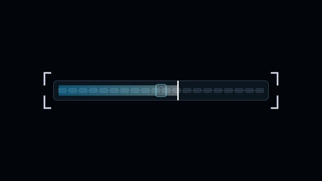 Futuristic digital loading bar with blue glow, high-tech progress indicator on black background, sci-fi user interface element for data processing
