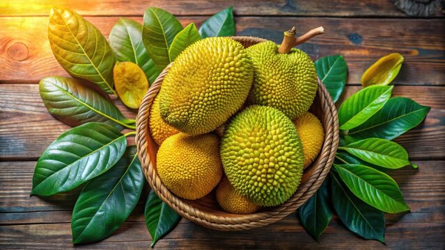 Jackfruit on wooden basket with leaf ripe jackfruit peeled tropical fruit fresh from jackfruit tree top view