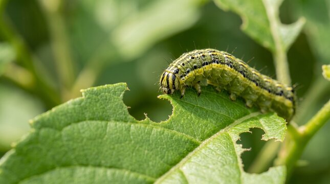 caterpillar eating a green leaf in nature