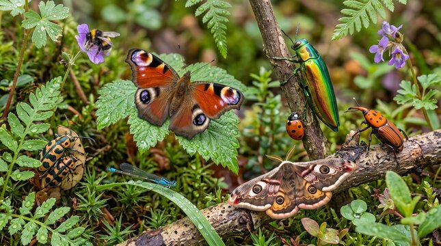 Diverse insects and butterflies in a lush forest habitat