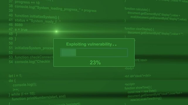 Exploiting vulnerability cyber threat progress bar animation loop with percentage loading box on dark programming code background asset