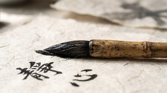 Traditional calligraphy brush writing on textured paper