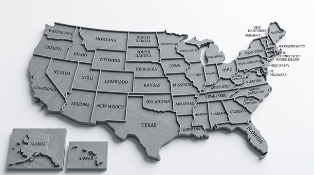 Minimalist 3D map illustration of all US states with inset close-ups for infographics and branding