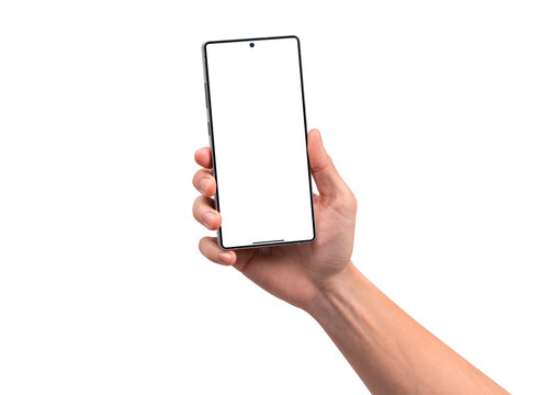 Close up of a hand holding a high-end Android smartphone with a blank screen for copy space, isolated on a transparent background. Concept for business, finance, technology and modern advertisement.