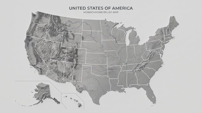 Minimalist black and white map illustration of the United States showing state boundaries and terrain