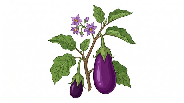 Eggplant plant with purple flowers and fruits illustration