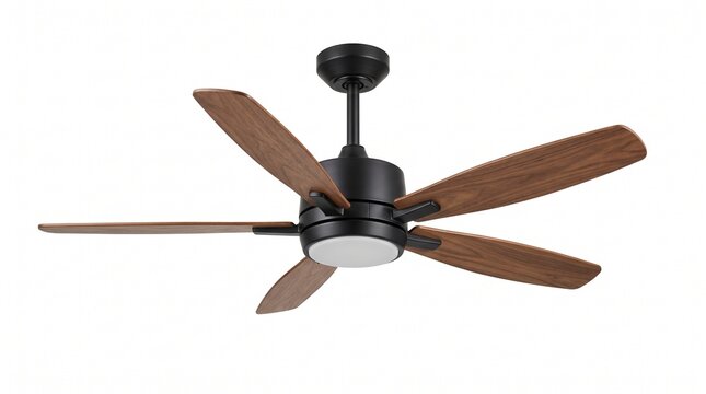 Modern black ceiling fan with wood blades and integrated light