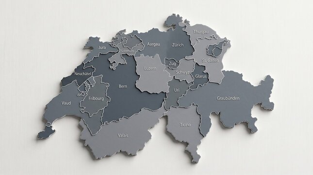 Minimalist 3D map illustration of Switzerland divided by cantons with gradient shading