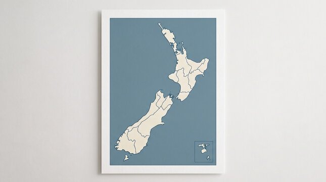Minimalist map illustration of New Zealand with clean white outlines on teal background