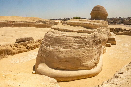Rear view of the Great Sphinx of Giza in the Giza Pyramid Complex in Cairo, Egypt