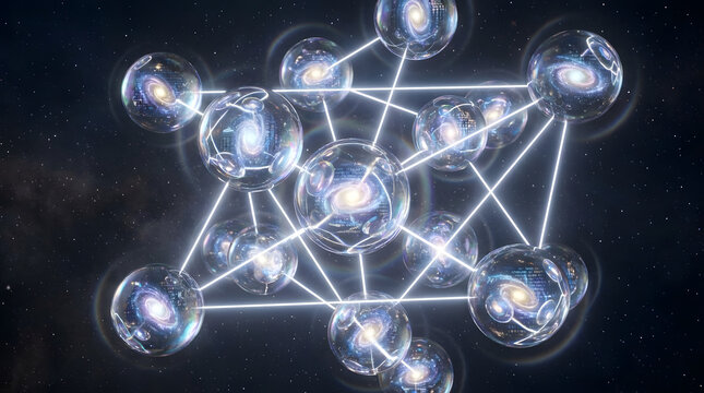 Multiverse Concept: Interconnected Galaxies in Spheres, Cosmic Web Structure, Abstract Science and Universe