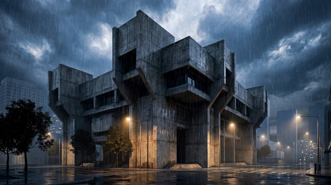 heavily textured concrete brutalist architecture displaying sharp geometric lines and deep shadowed recesses standing stark against a dark minimal nighttime urban atmosphere