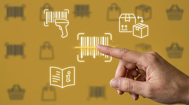 Hand touching a digital barcode icon for inventory management, supply chain logistics, and online shopping technology concept on yellow background.