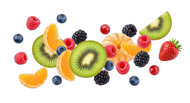 Fresh mixed fruits and berries isolated on transparent background