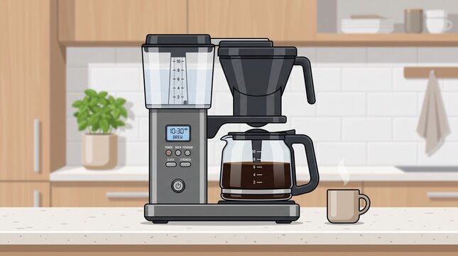 Morning Coffee Brewing in Automatic Machine on Kitchen Countertop
