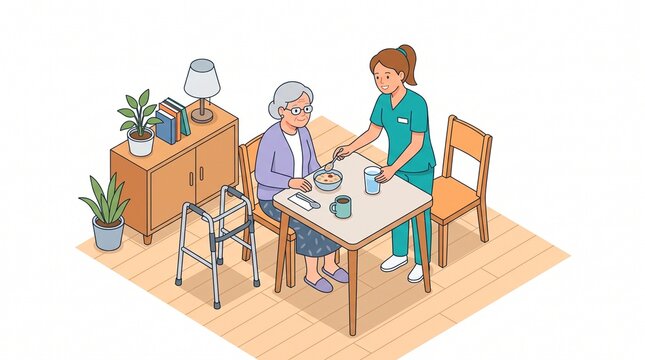 A nurse feeding an elderly woman in a care home. White background