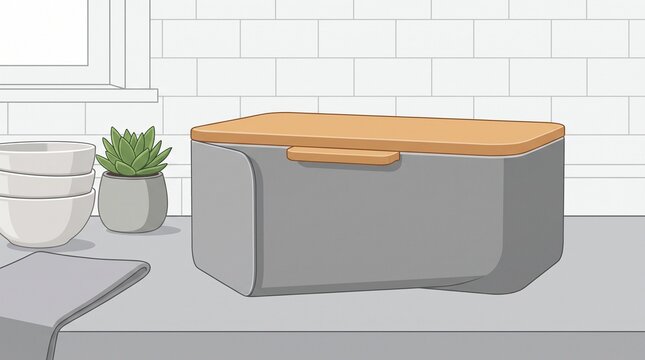 Modern bread box with wooden lid on kitchen counter