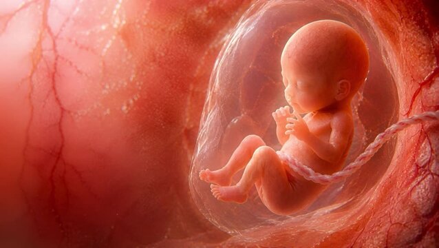 Human fetus grows inside the womb with visible umbilical cord and amniotic sac. IVF pregnancy illustrates prenatal care, fetal development, reproductive medicine and maternal health and prenatal care.