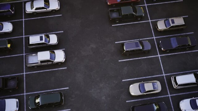 Aerial view parking lot cars aligned in grid with marked spaces and cool dusk tones, empty central aisle, asphalt texture visible, overhead perspective suggests