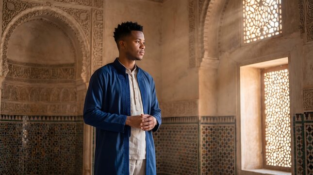 Young African man wearing traditional blue djellaba robe standing inside historic Islamic building with intricate carved wall pattern.