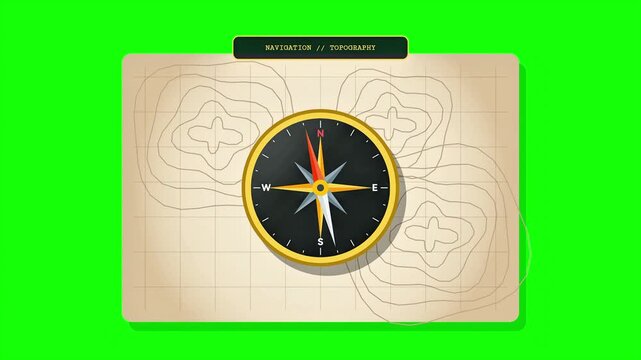 Navigation Compass Topographic Map Animation on Green Screen