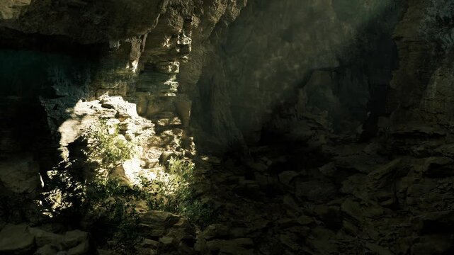 Sunlit stalagmite cluster in cavern core at Waitomo Glowworm Caves, dramatic rock forms highlighted by narrow beams, strong textures, shadow contrast and raw