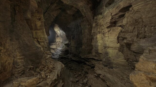 Echoing depth tunnel with textured walls and distant light creating dramatic perspective, cool tones, layered rock strata and feeling of vast subterranean scale