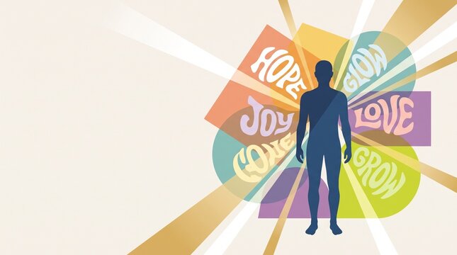 Silhouette of a person surrounded by words symbolizing hope and wellness  