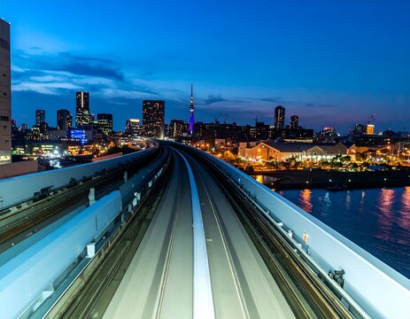 Night cityscape view down elevated train tracks towards brightly lit buildings and skyline