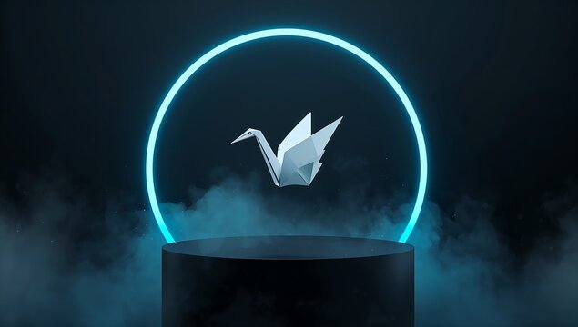 Generative AI depicts a luminous origami crane within a glowing circle