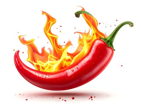 Vibrant red chili pepper, engulfed in flames, isolated on a clean white background