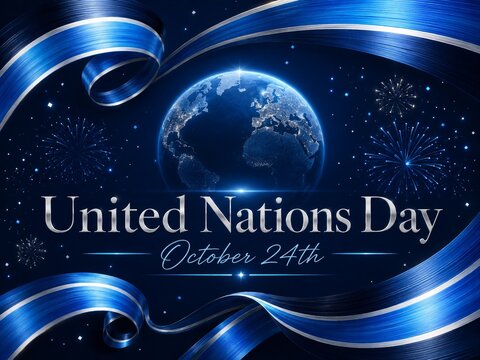 United Nations Day Globe with Blue Ribbon and Fireworks