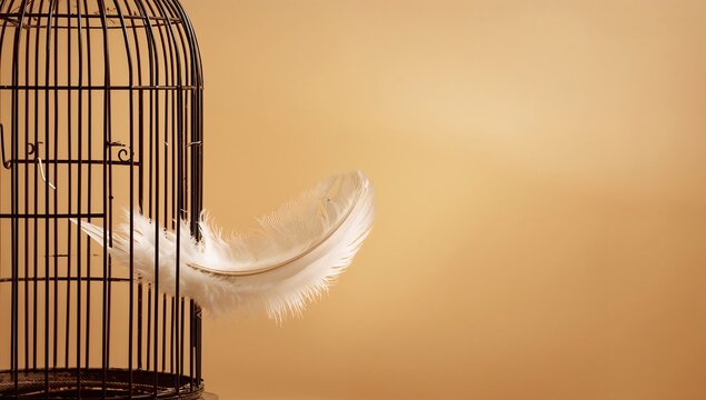 Generative AI depicts a white feather inside an empty birdcage with a warm background