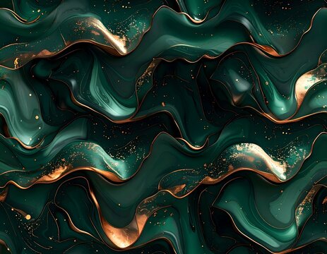 Abstract flowing emerald waves with gold accents and scattered golden particles