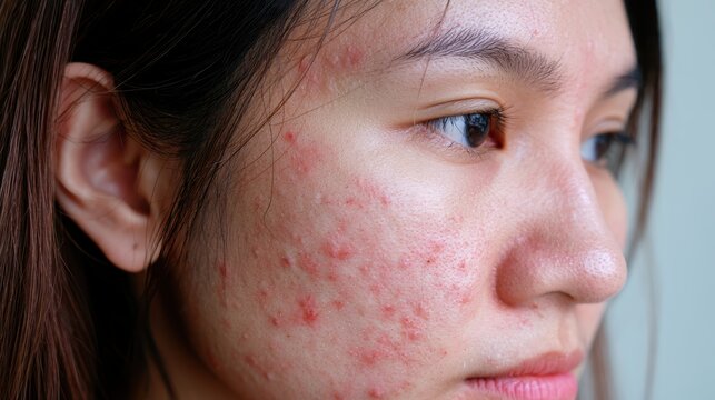 acne on woman face with rash skin, scar, and red skin syndrome allergic to cosmetics, use steroids, dermatology, inflammation, infection, hygiene